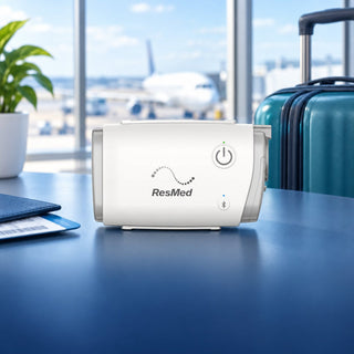 ResMed AirMini travel CPAP with carry-on luggage and an airport background