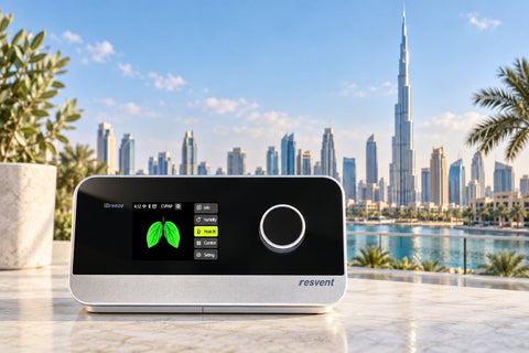 Resvent iBreeze CPAP machine with Dubai’s Burj Khalifa skyline