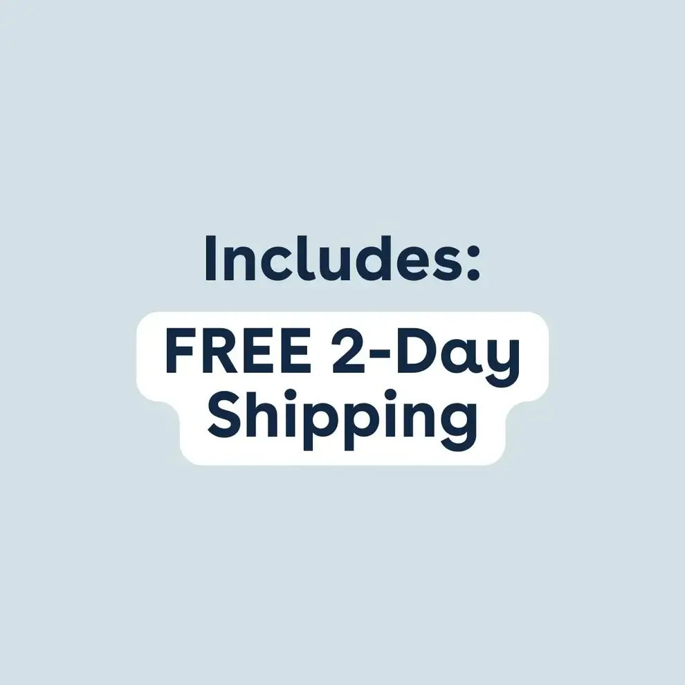 Banner with text 'Includes: FREE 2-Day Shipping' on a light blue background.