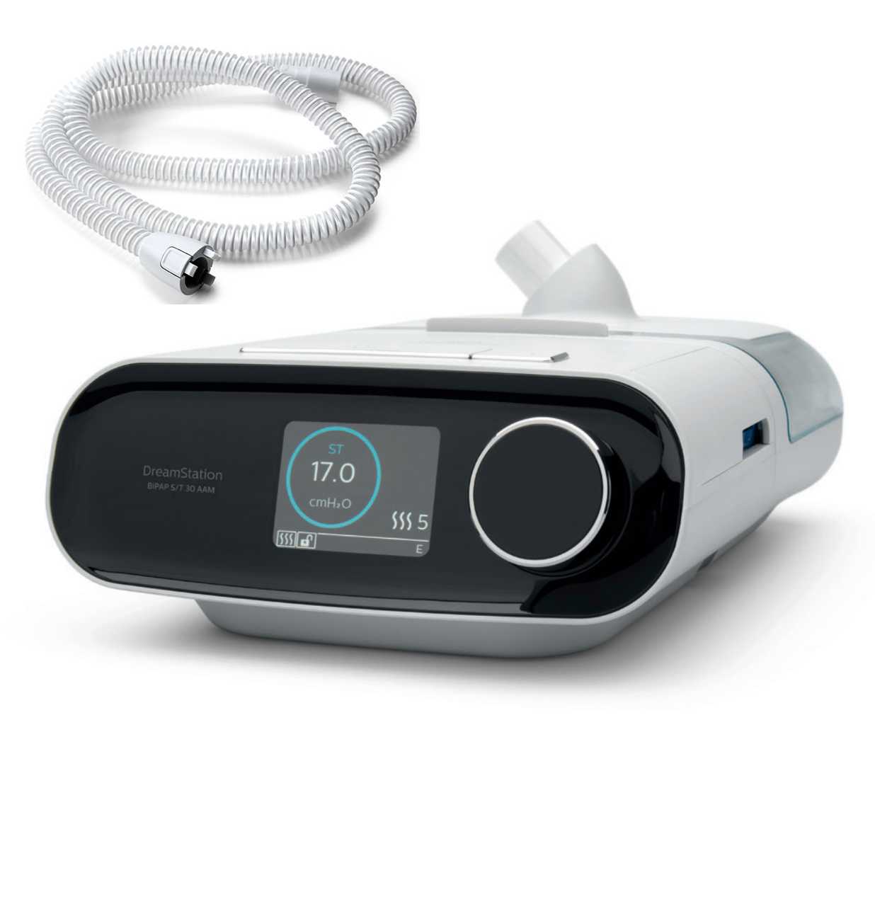 Philips DreamStation BiPAP S/T 30 shown with optional humidifier and tubing