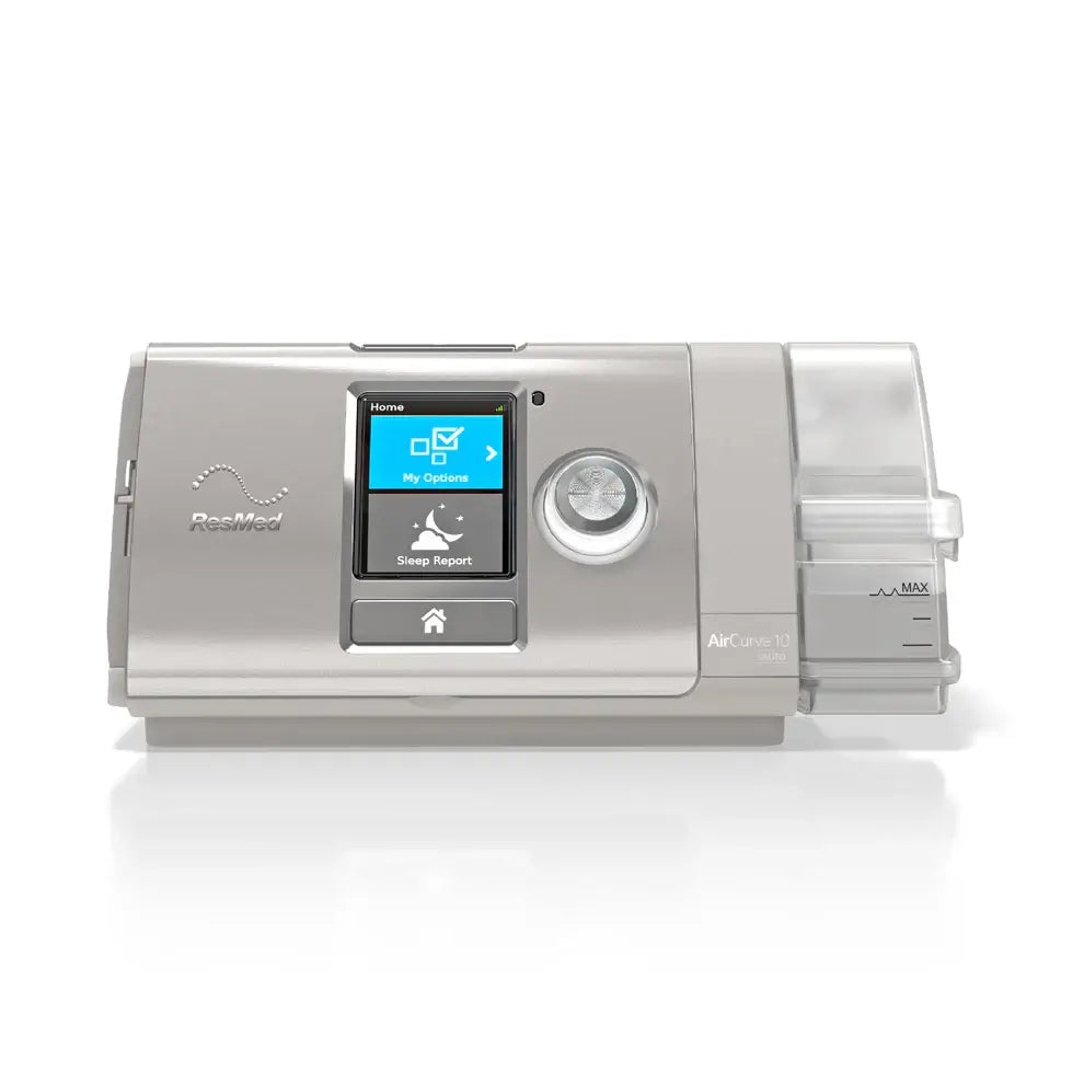ResMed AirCurve 10 ST BiLevel Machine for non-invasive ventilation and sleep apnea therapy, front view with display and dial.