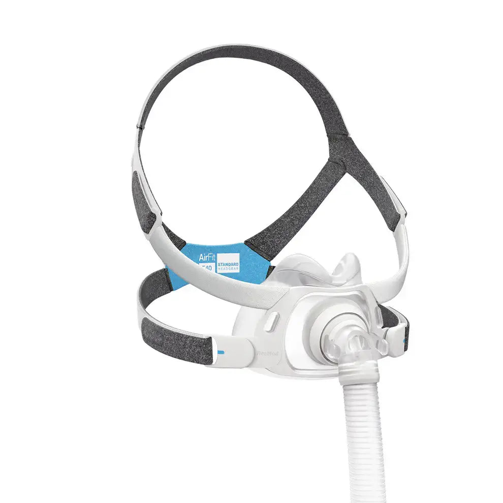 ResMed AirFit F40 Full Face Mask, ultra-compact design for comfort and secure fit, ideal for active sleepers seeking lightweight therapy.