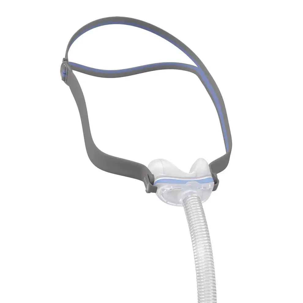 ResMed AirFit N30 Nasal Cushion Mask with QuickFit elastic headgear, minimal contact fit, lightweight CPAP mask for quiet therapy.