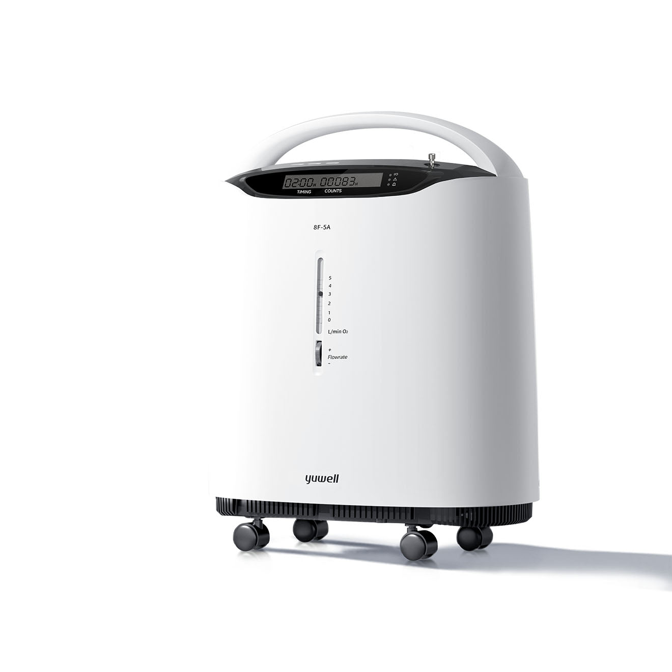 Yuwell 8F-5A oxygen concentrator, angled front view showing handle, display and wheels