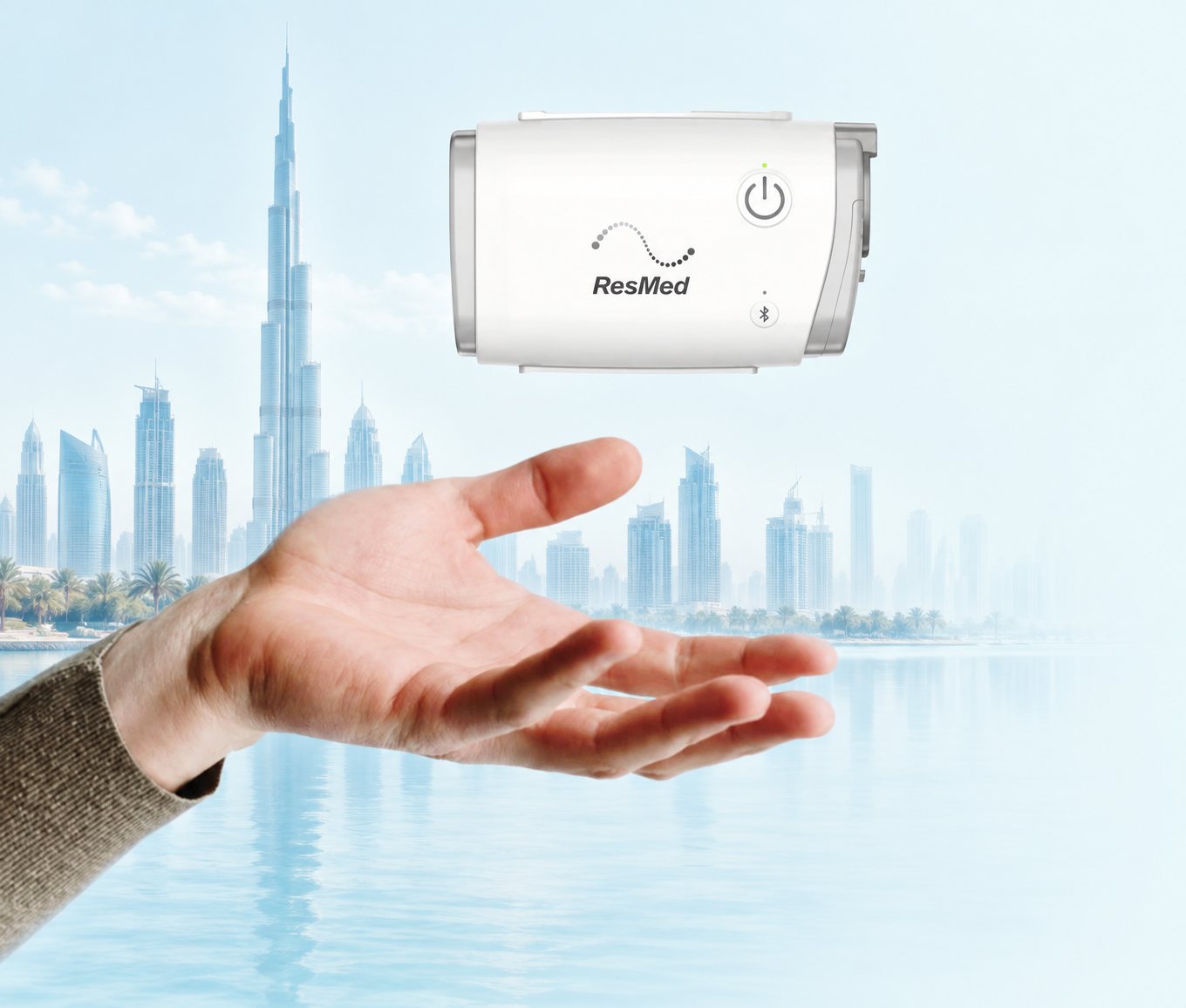 ResMed AirMini with Dubai skyline and Burj Khalifa